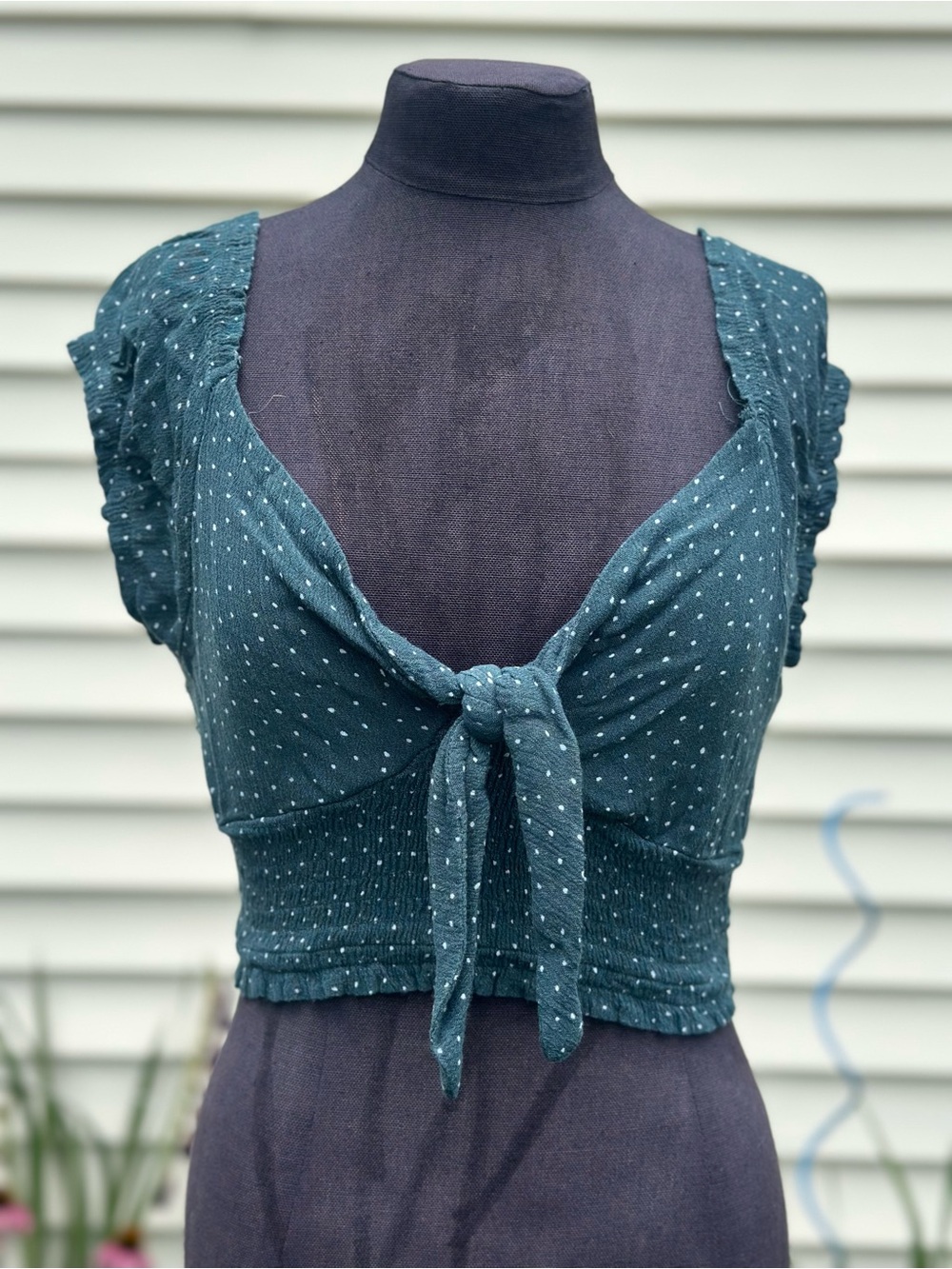 La Hearts green Polka Dot Tie-Front Crop Top